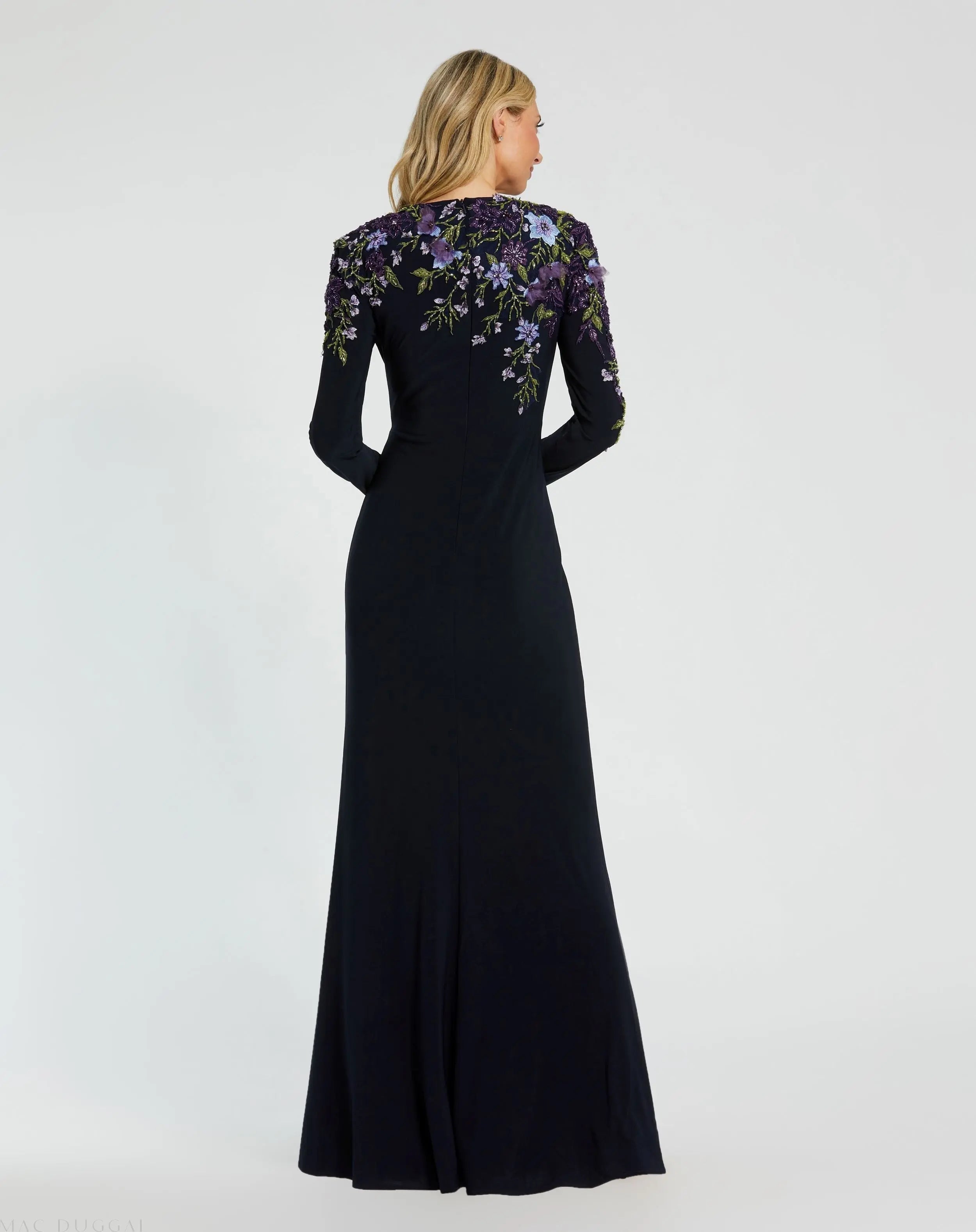 Navy Embellished Long Sleeve Fitted Jersey Gown