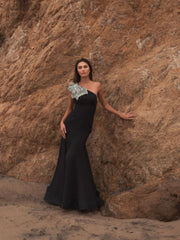 Black Crepe One Shoulder Gown With Crystal Flower