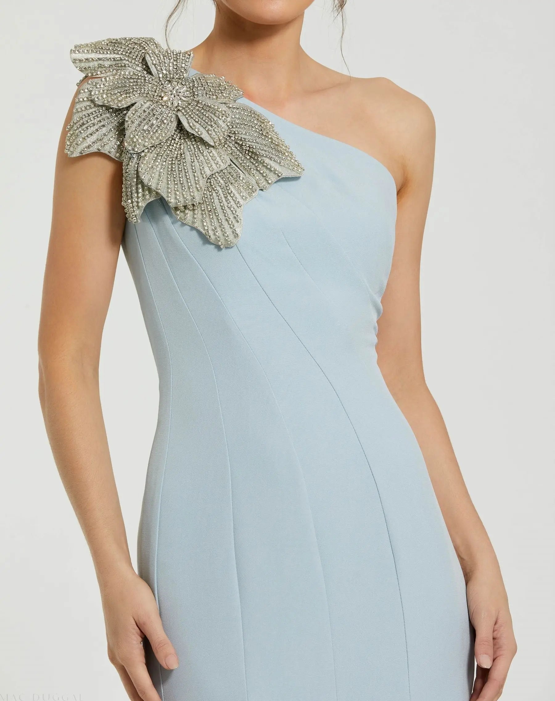 Blue Crepe One Shoulder Gown With Crystal Flower