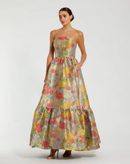 Multicolor Strapless Floral Brocade Dress with Ruffles