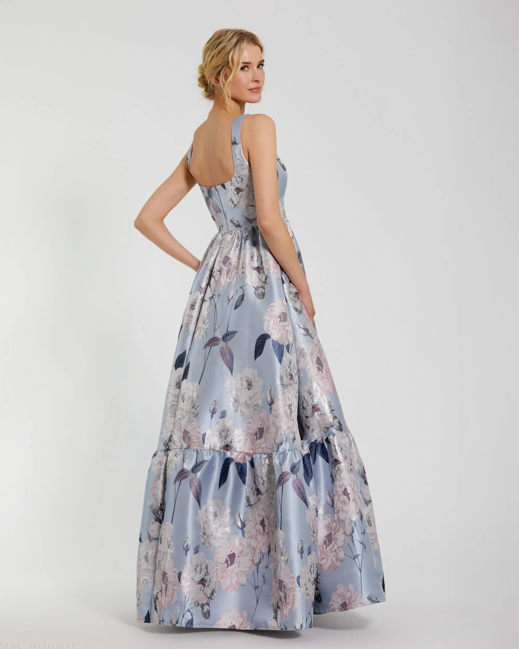 Blue Floral Printed Satin Gown with Pockets