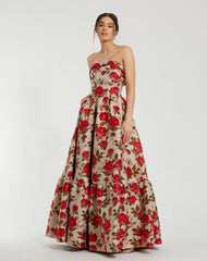 Multicolor Brocade Strapless Floral Gown With Ruffle Hem