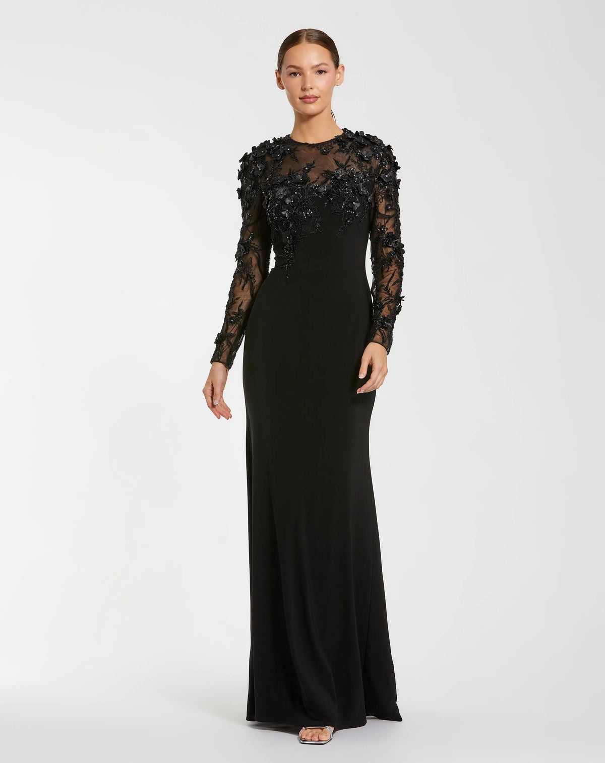 Black Jersey Long Sleeve Column Gown with Floral Embellishments