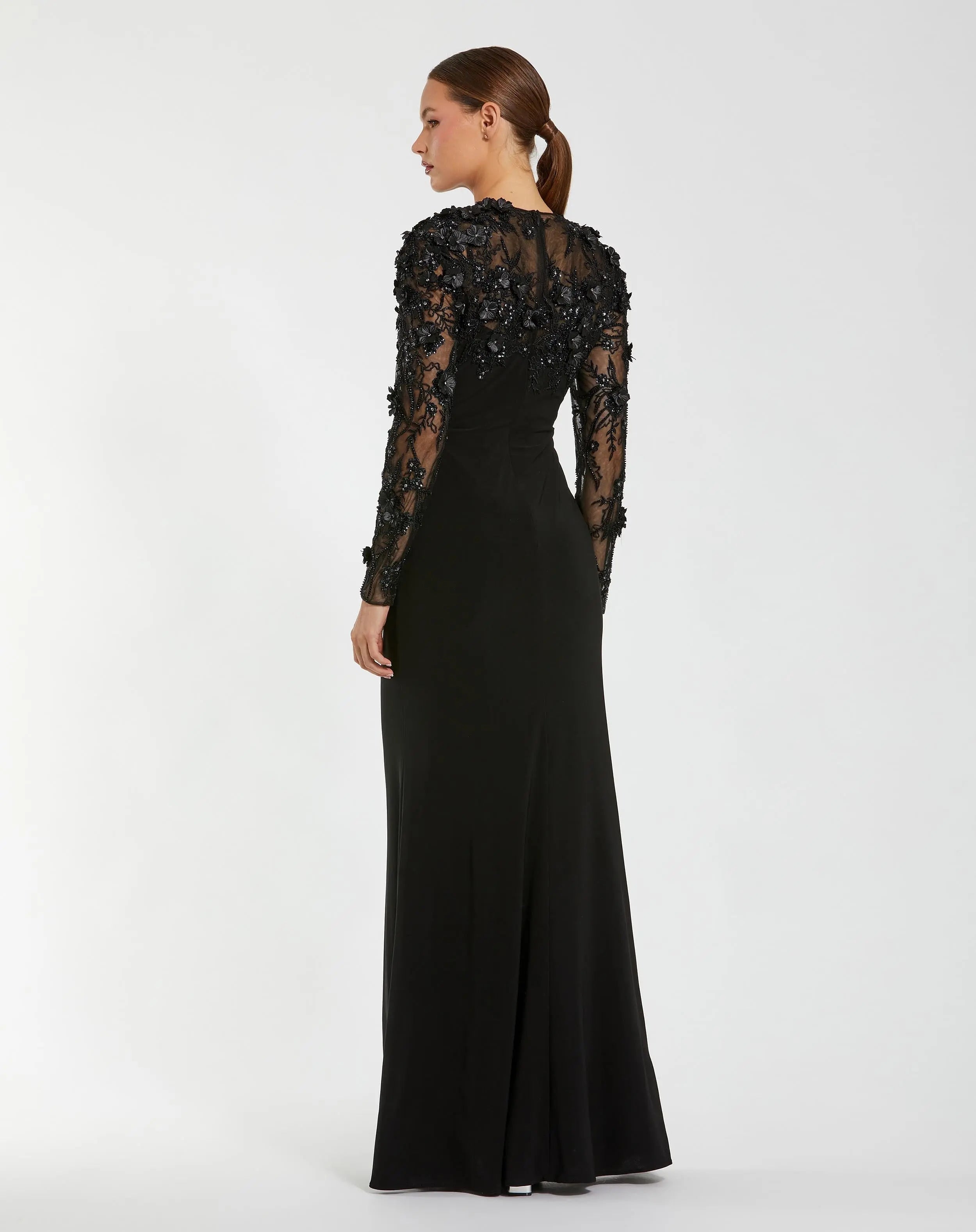 Black Jersey Long Sleeve Column Gown with Floral Embellishments