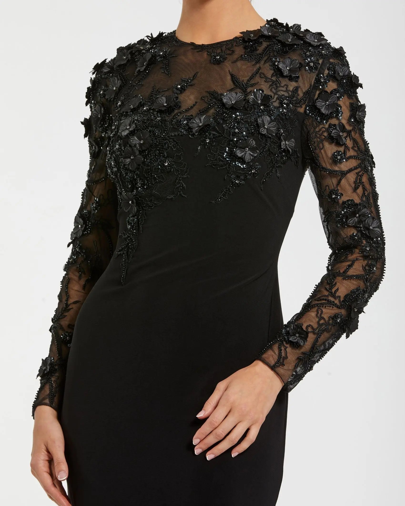 Black Jersey Long Sleeve Column Gown with Floral Embellishments