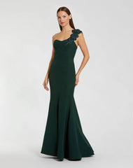 Dark Green Crepe One Shoulder Beaded Flower Mermaid Gown