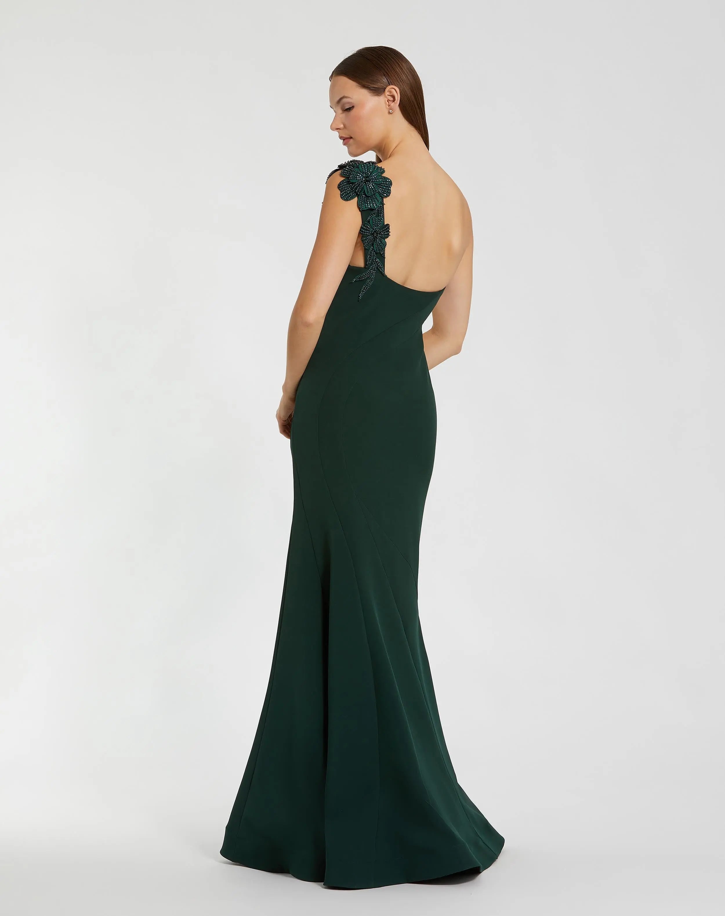 Dark Green Crepe One Shoulder Beaded Flower Mermaid Gown