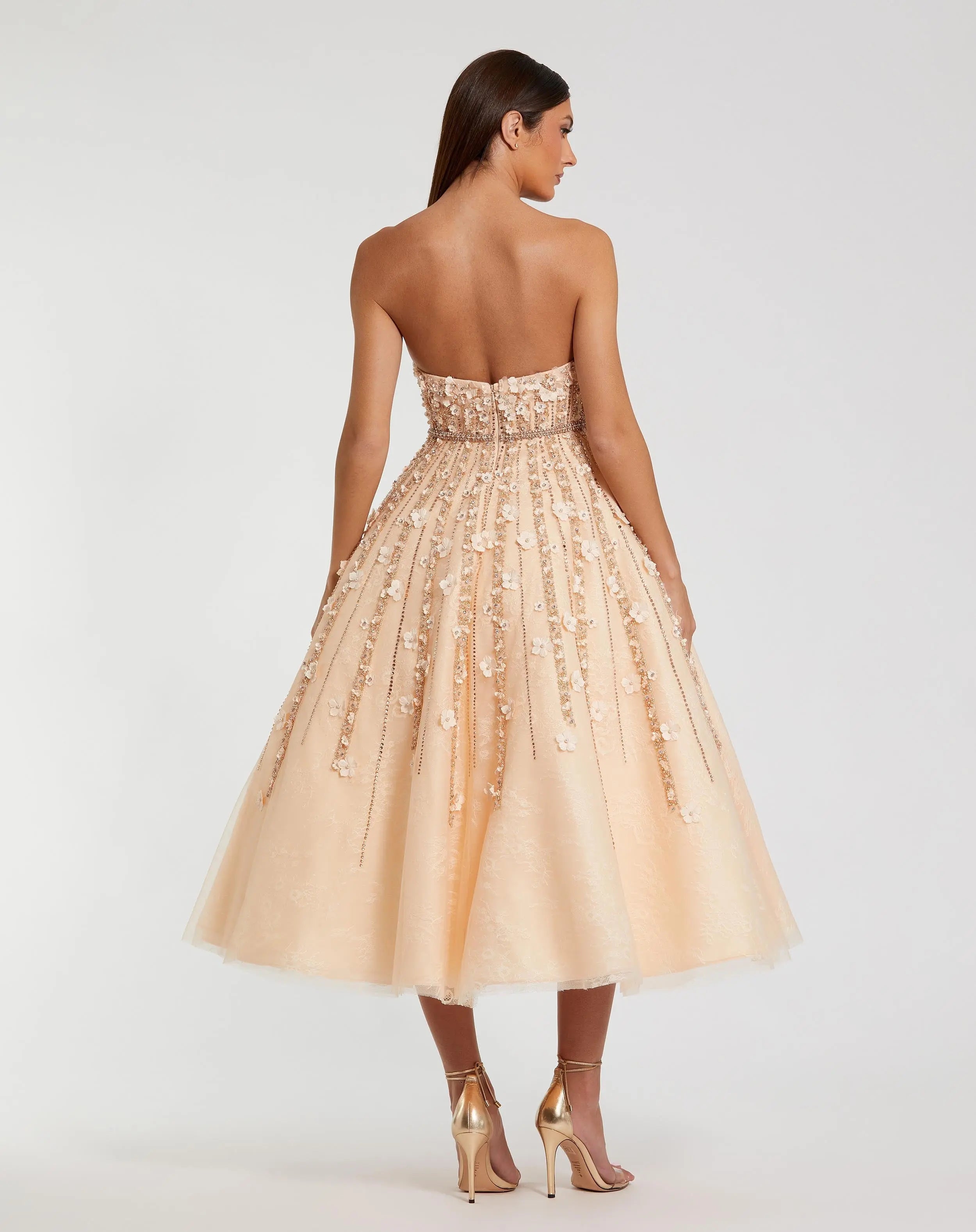 Beige Embellished Lace Strapless A Line Midi Dress