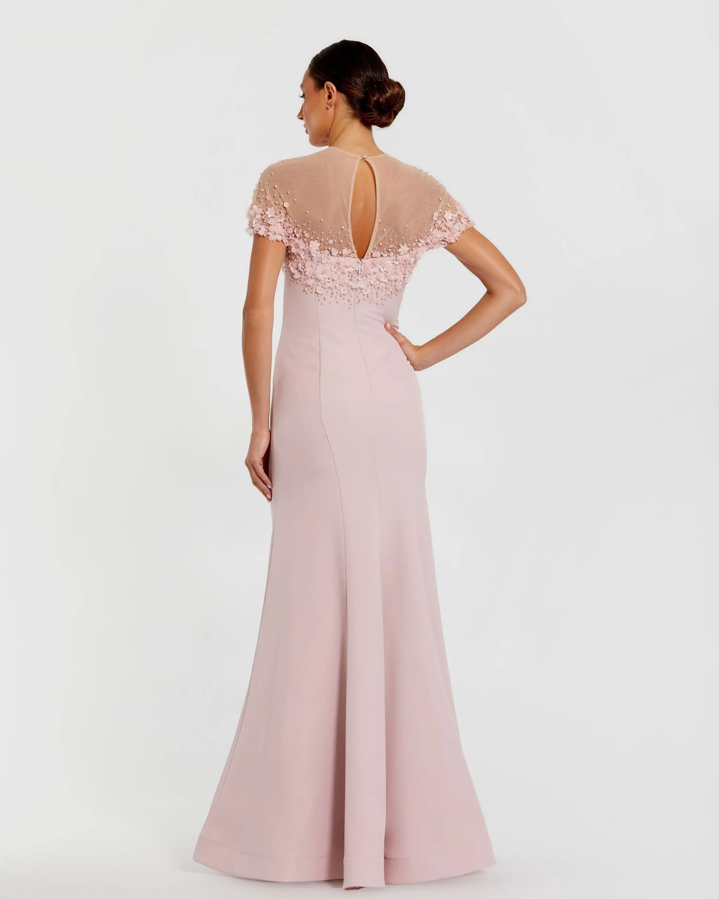 Pink Mermaid Crepe Gown With Beaded Illusion Neck