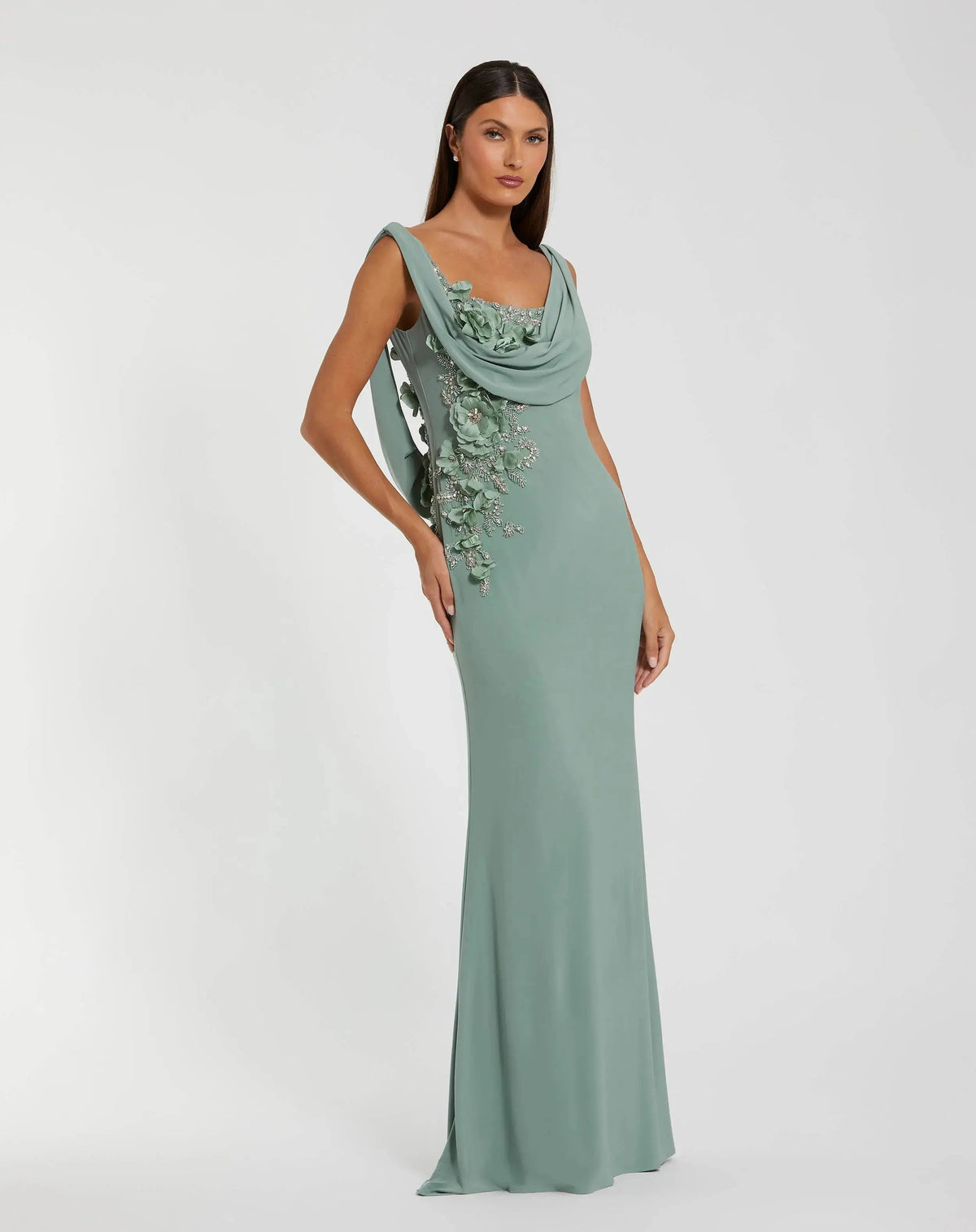 Sleeveless Jersey Cowl Neck Gown With Beading