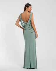 Green Sleeveless Jersey Cowl Neck Gown With Beading