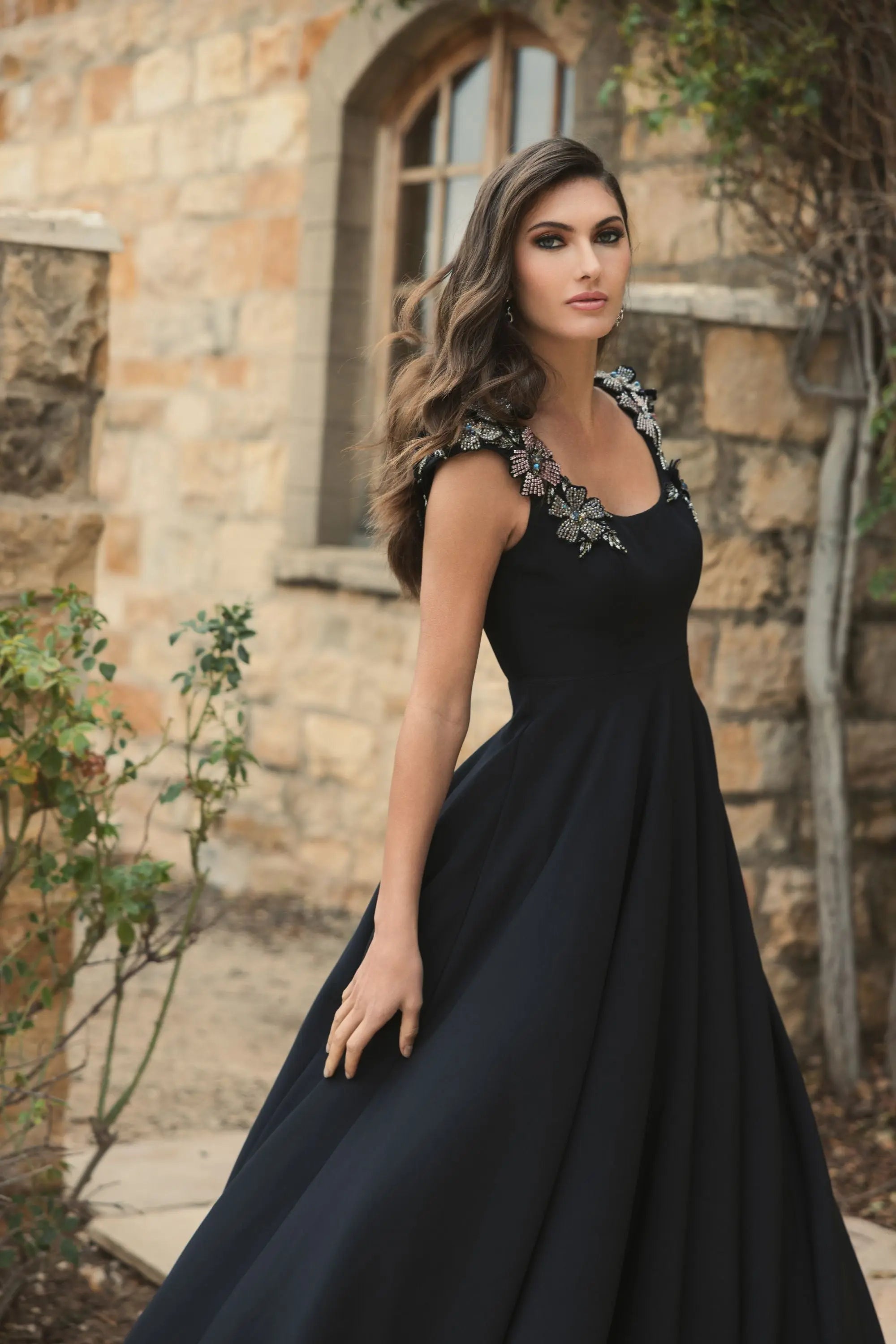 Black Crepe Sleeveless Ballgown With Rhinestone Flowers