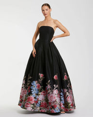 Black Strapless Floral Brocade Ballgown