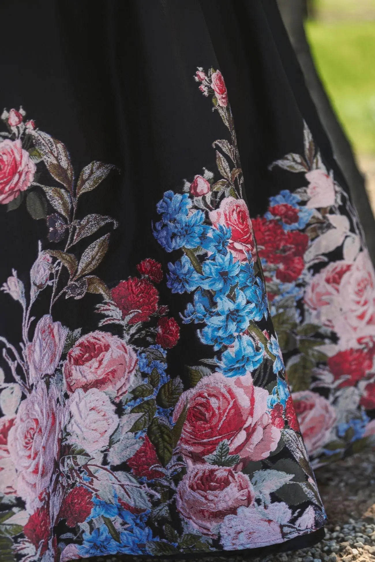 Black Strapless Floral Brocade Ballgown