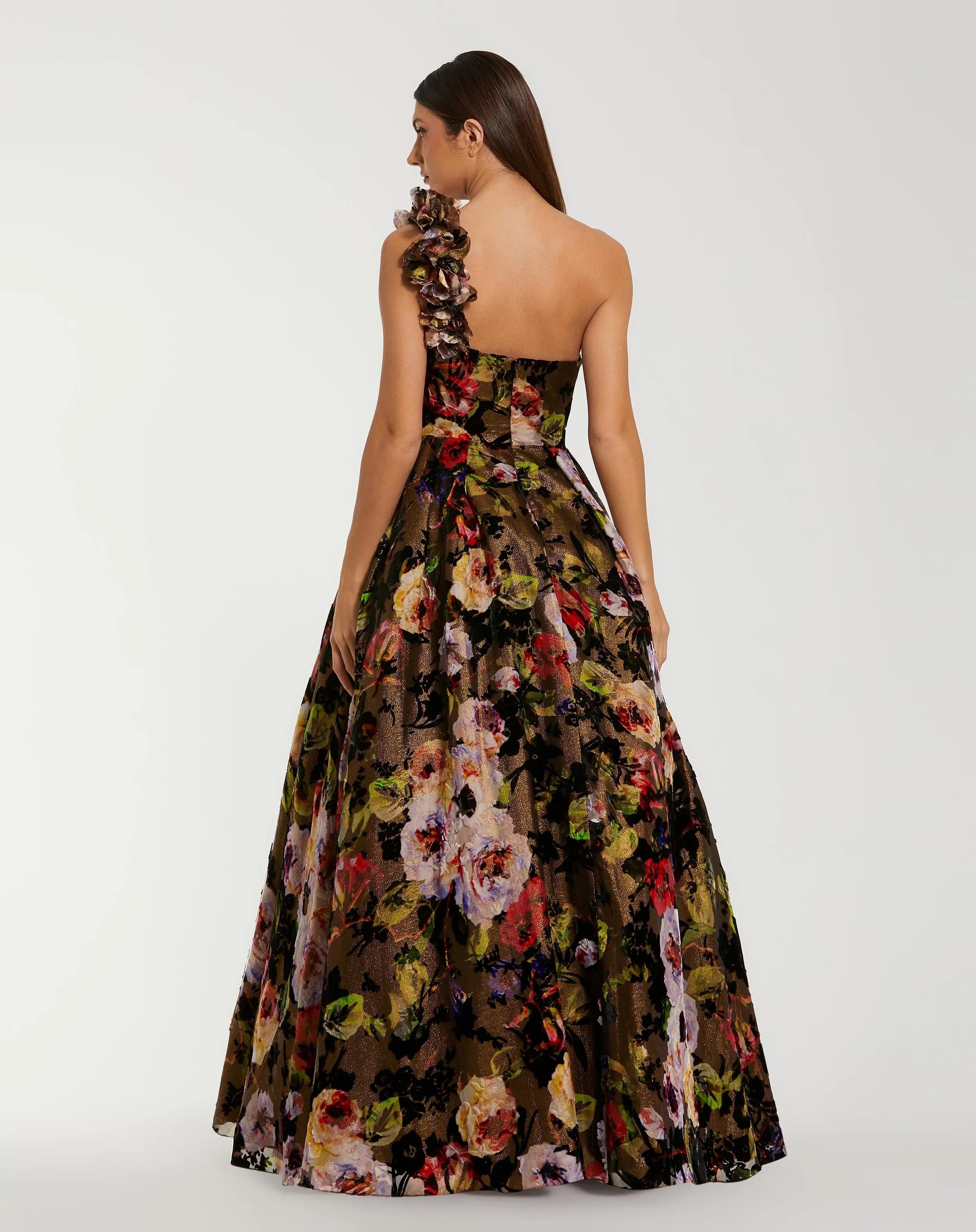 Multicolor One Shoulder Floral Velvet Ballgown