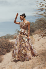 Strapless Pink Velvet Floral Ball Gown with 3D Rosette