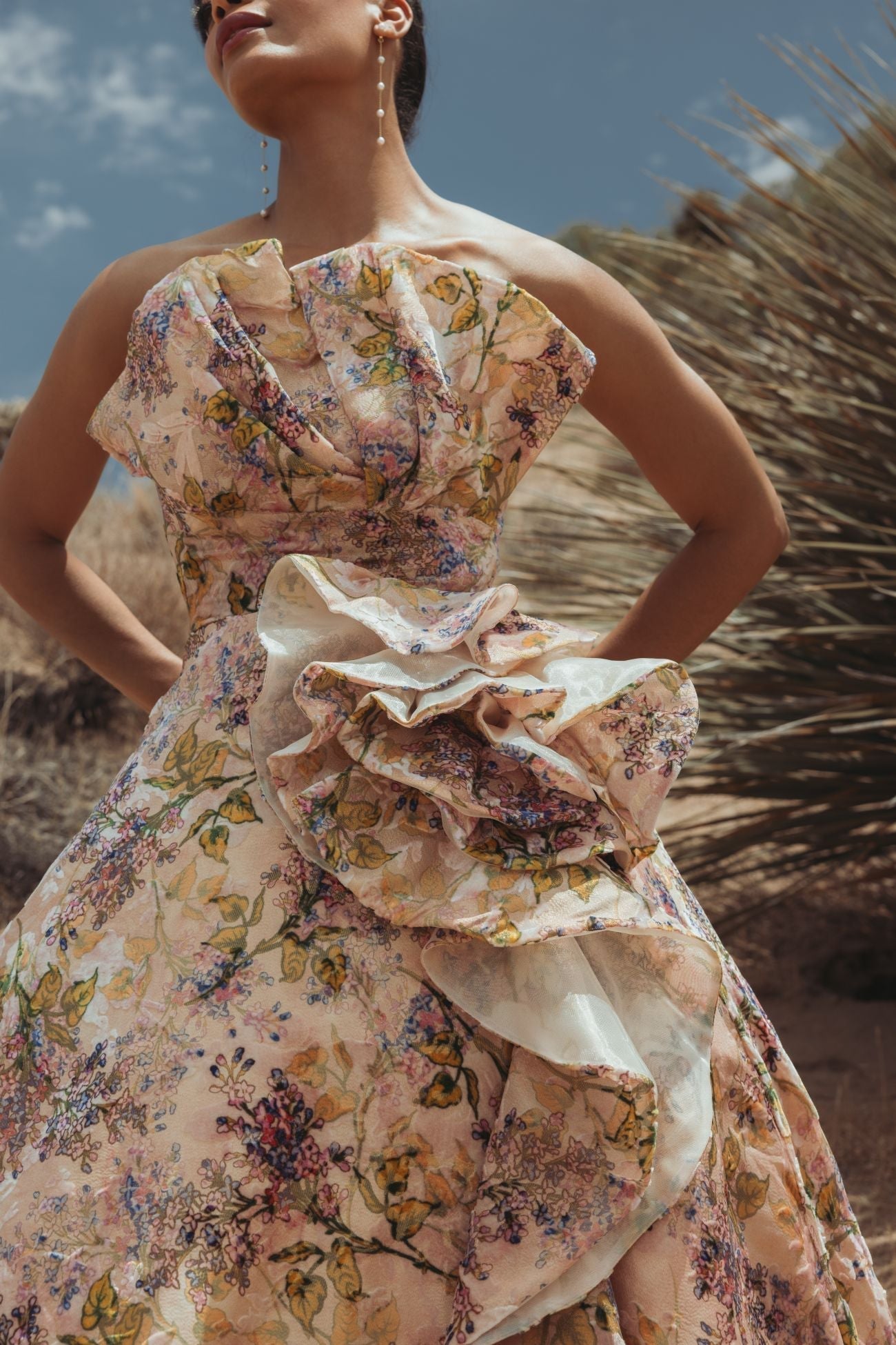 Strapless Pink Velvet Floral Ball Gown with 3D Rosette