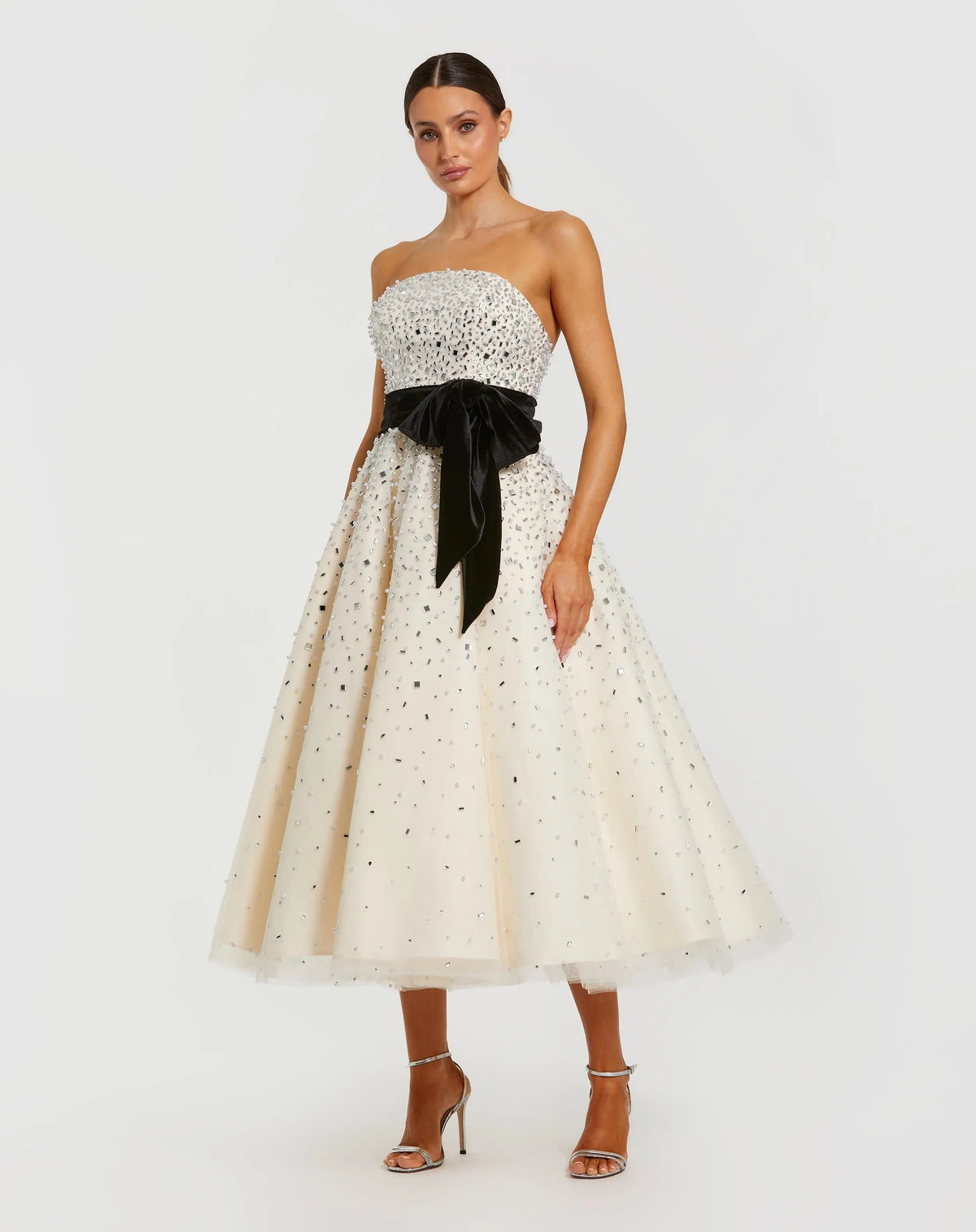 White Strapless Embellished Midi Dress with Velvet Bow