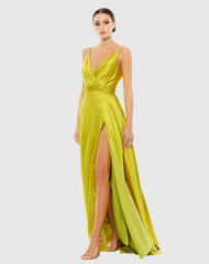Green Sleeveless Faux Wrap Draped Gown