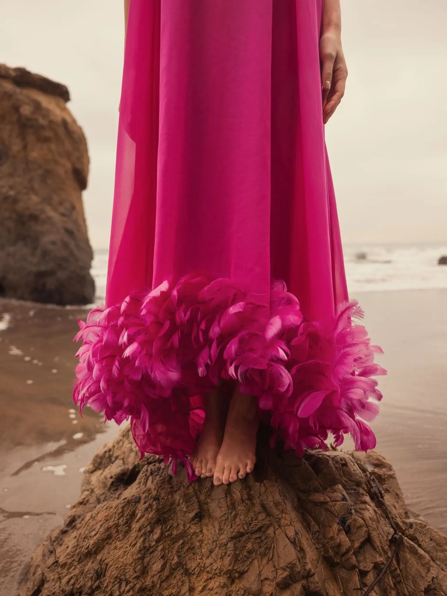 Pink Strapless Flare Feather Hem Gown
