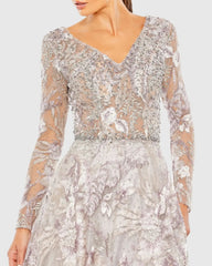 Multicolor Long Sleeve Beaded Applique Gown