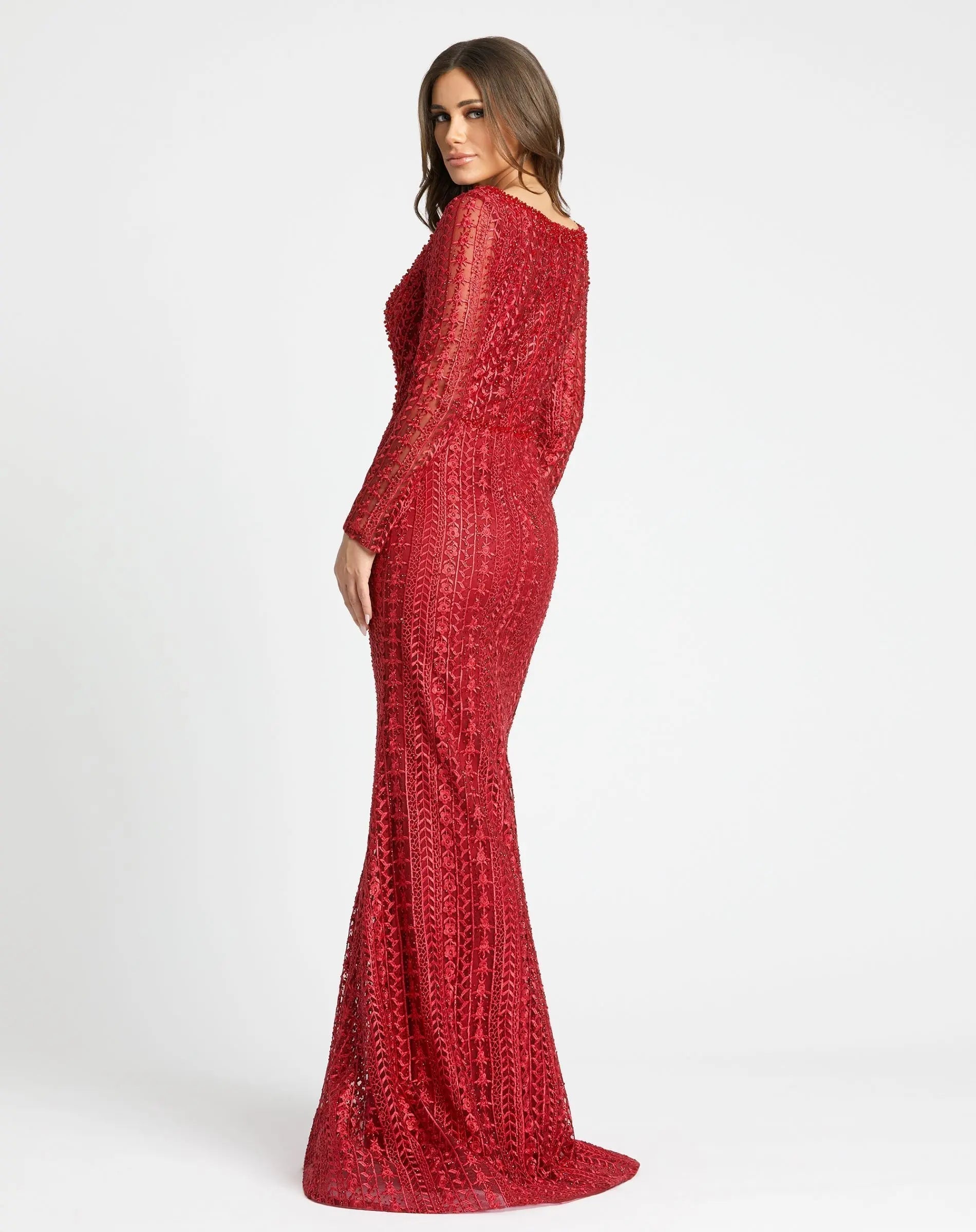 Red Embroidered Long Sleeve V Neck Trumpet Gown