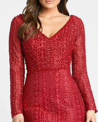 Red Embroidered Long Sleeve V Neck Trumpet Gown