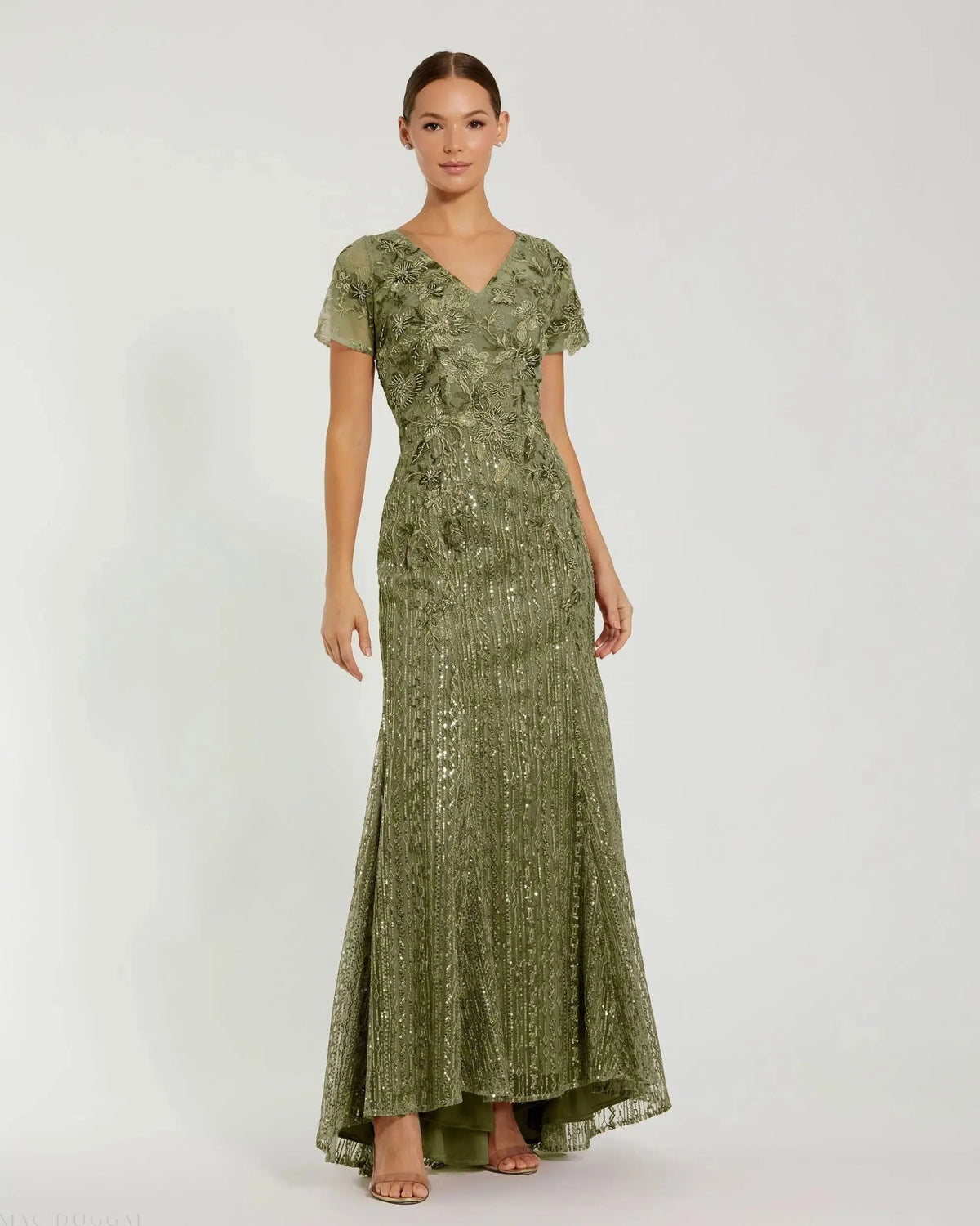 Green Embellished V Neck Cap Sleeve Trumpet Gown