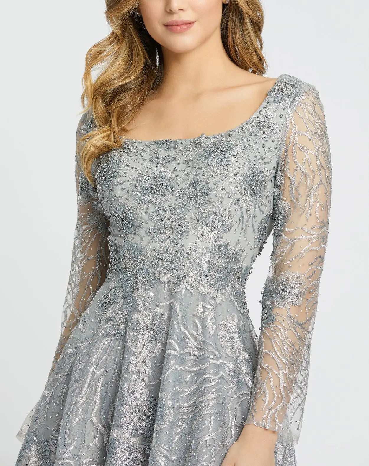 Gray Jewel Encrusted Long Sleeve Square Neck Gown