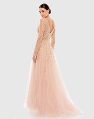 Pink Embellished V Neck Long Sleeve A Line Gown