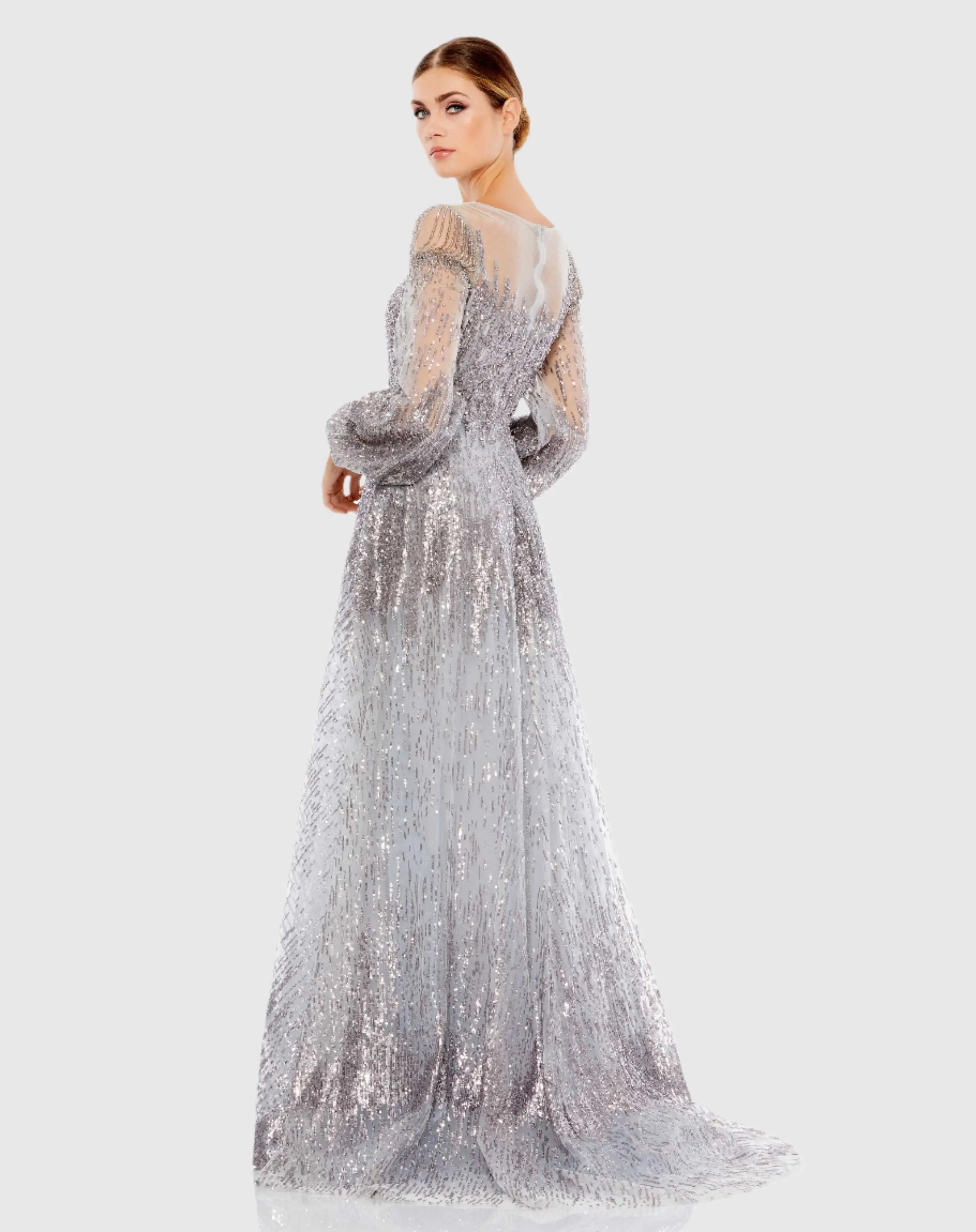 Silver Jewel Encrusted Illusion Long Sleeve A Line Gown
