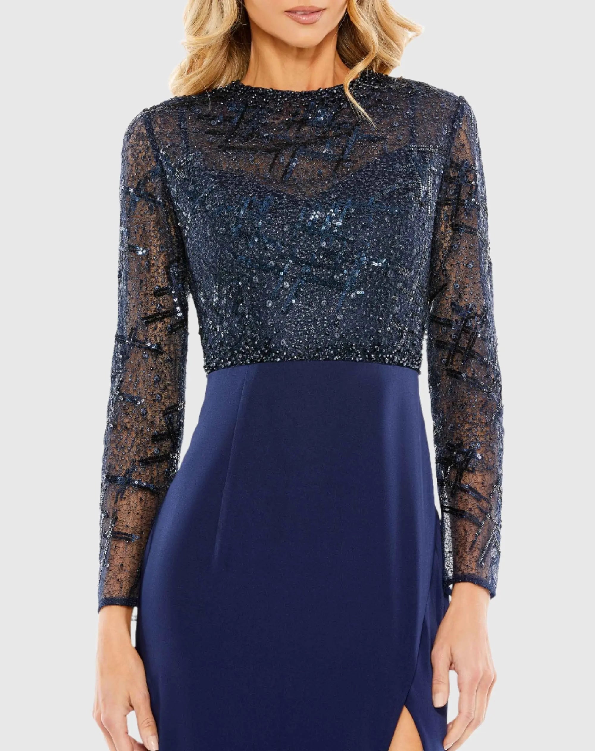 Navy Embellished High Neck Bodice Faux Wrap Gown