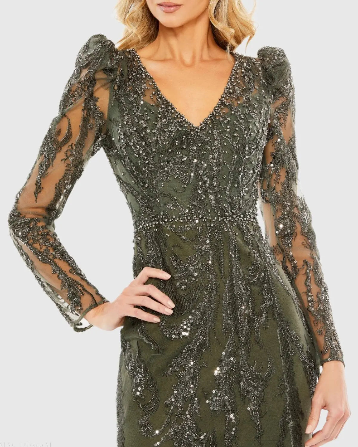 Green Embellished Puff Sleeve V Neck Gown