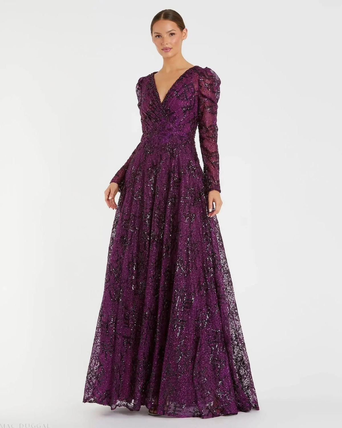 Embellished V Neck Long Sleeve A Line Gown