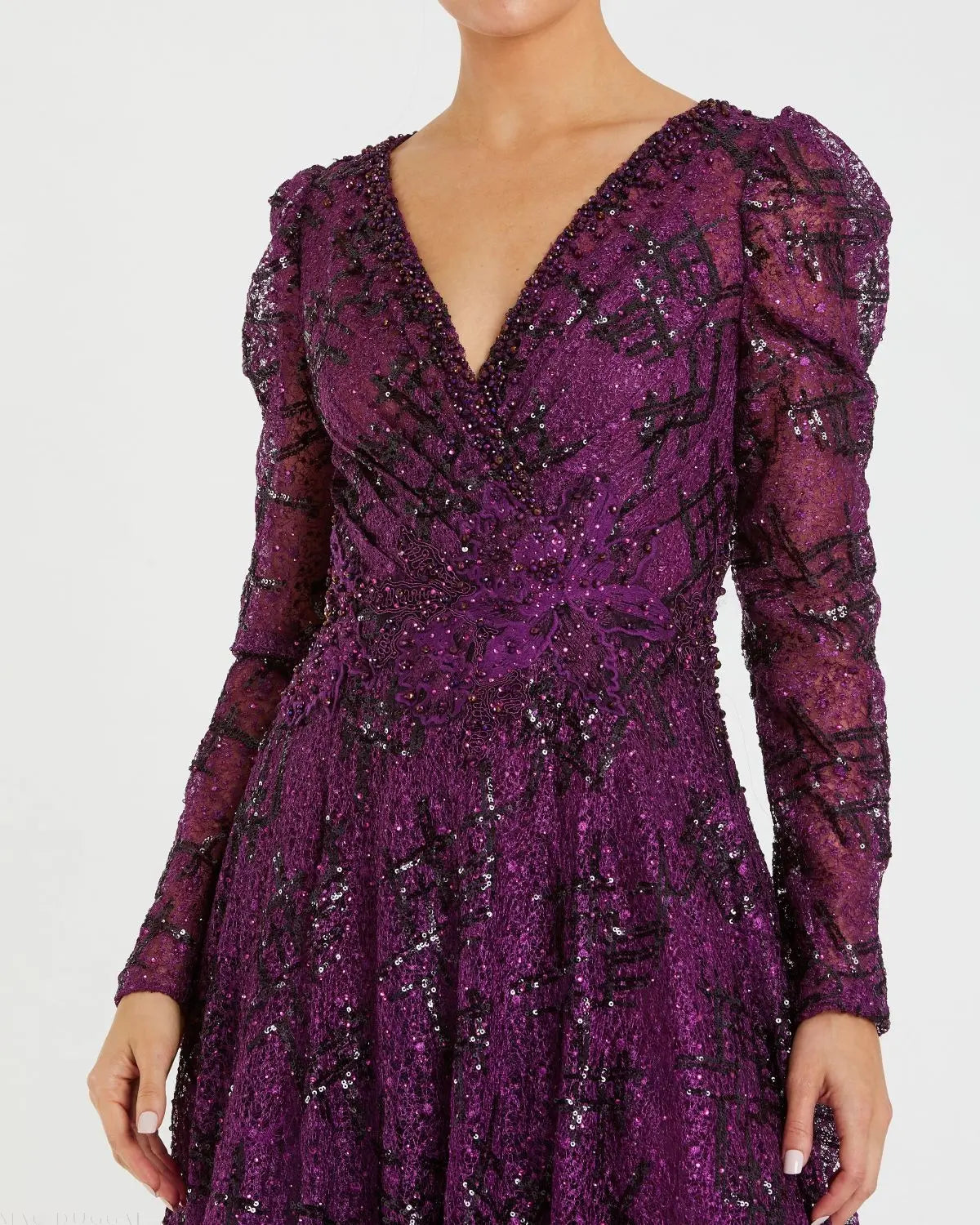 Dark Purple Embellished V Neck Long Sleeve A Line Gown