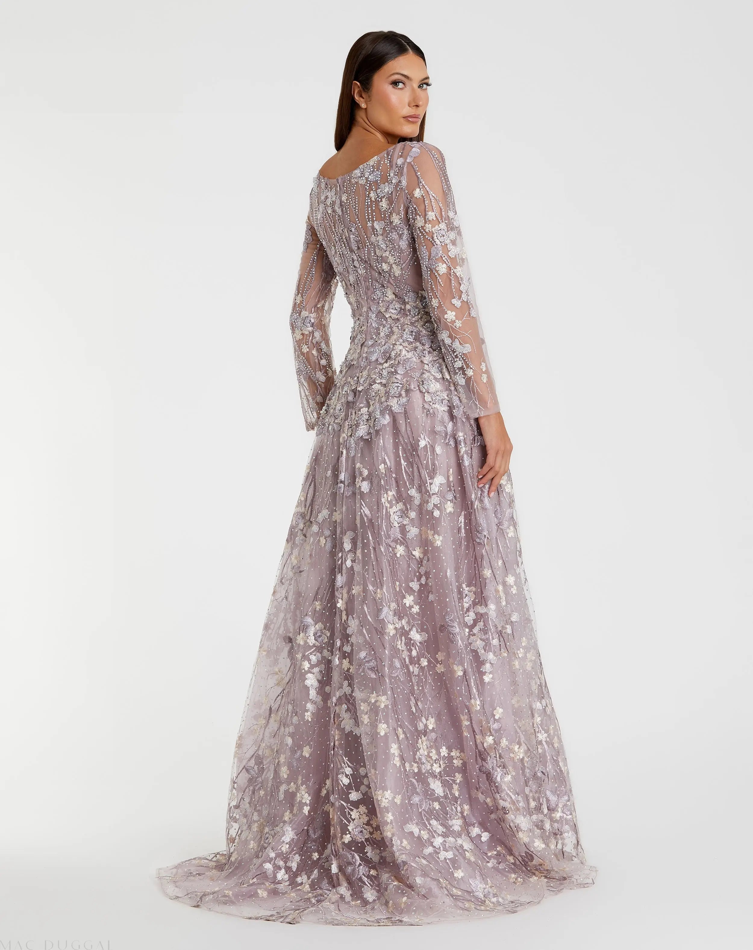 Purple Embroidered Lace Long Sleeve Floral Gown