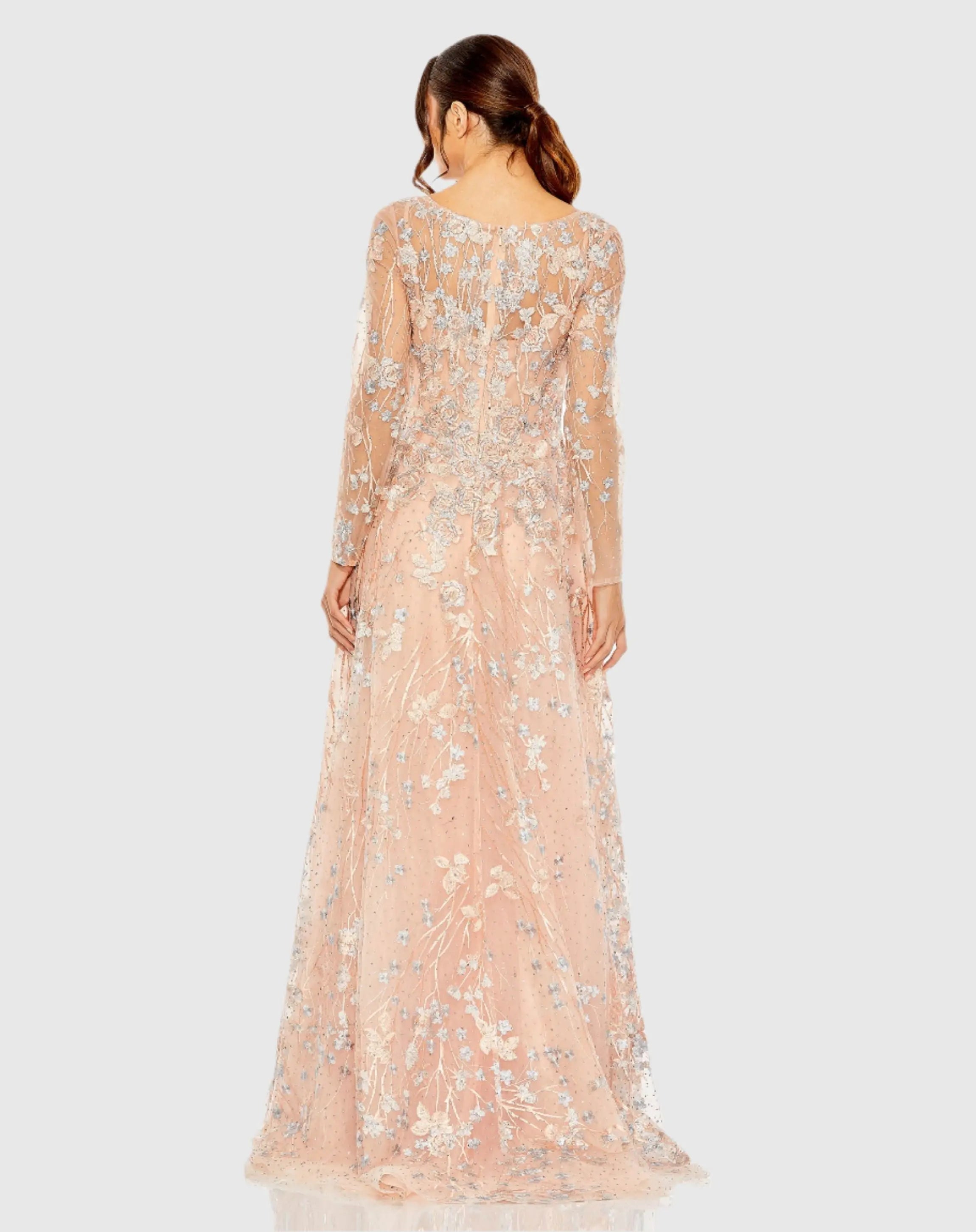 Pink Embroidered Lace Wrap Over Illusion Long Sleeve A Line Gown
