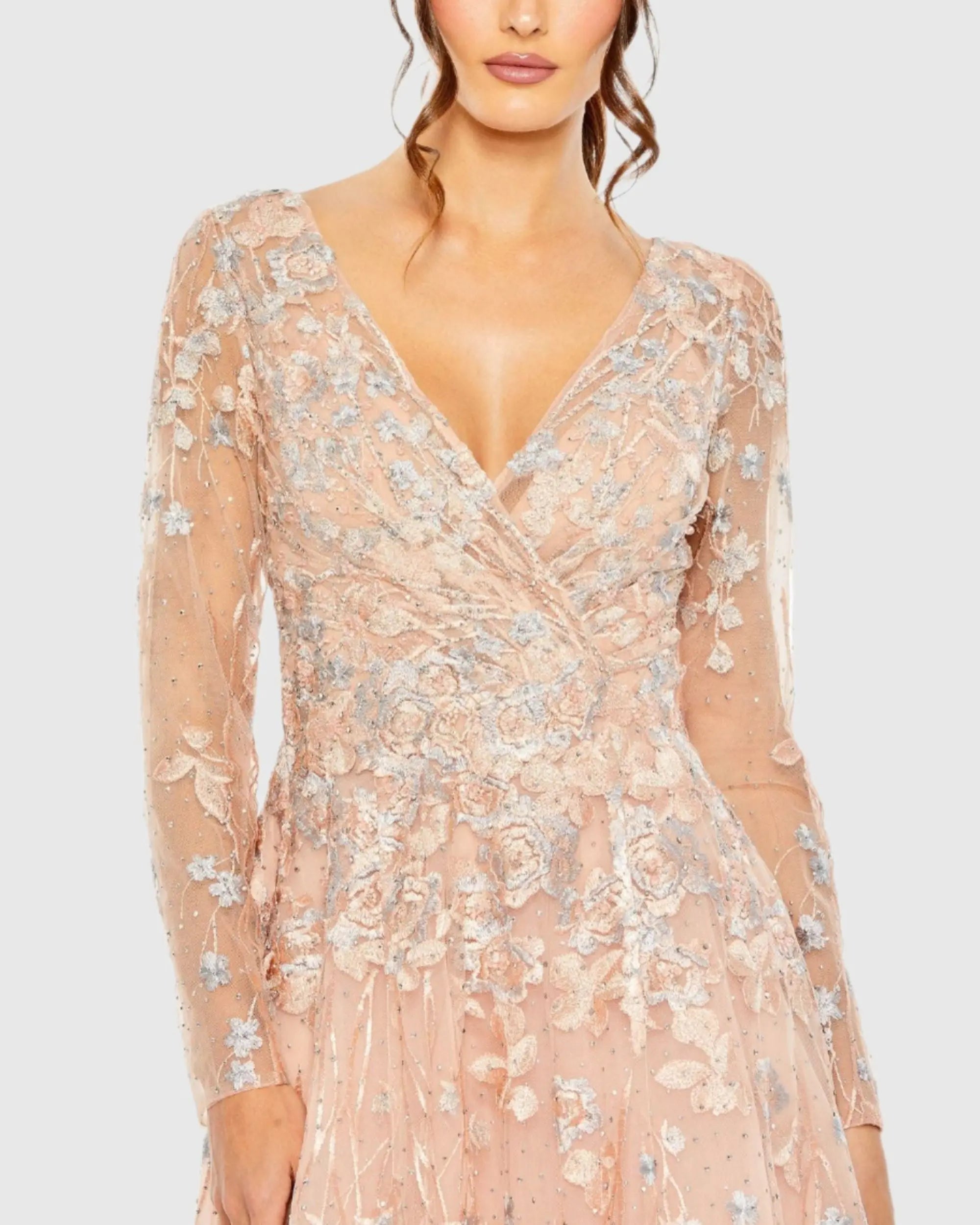 Pink Embroidered Lace Wrap Over Illusion Long Sleeve A Line Gown