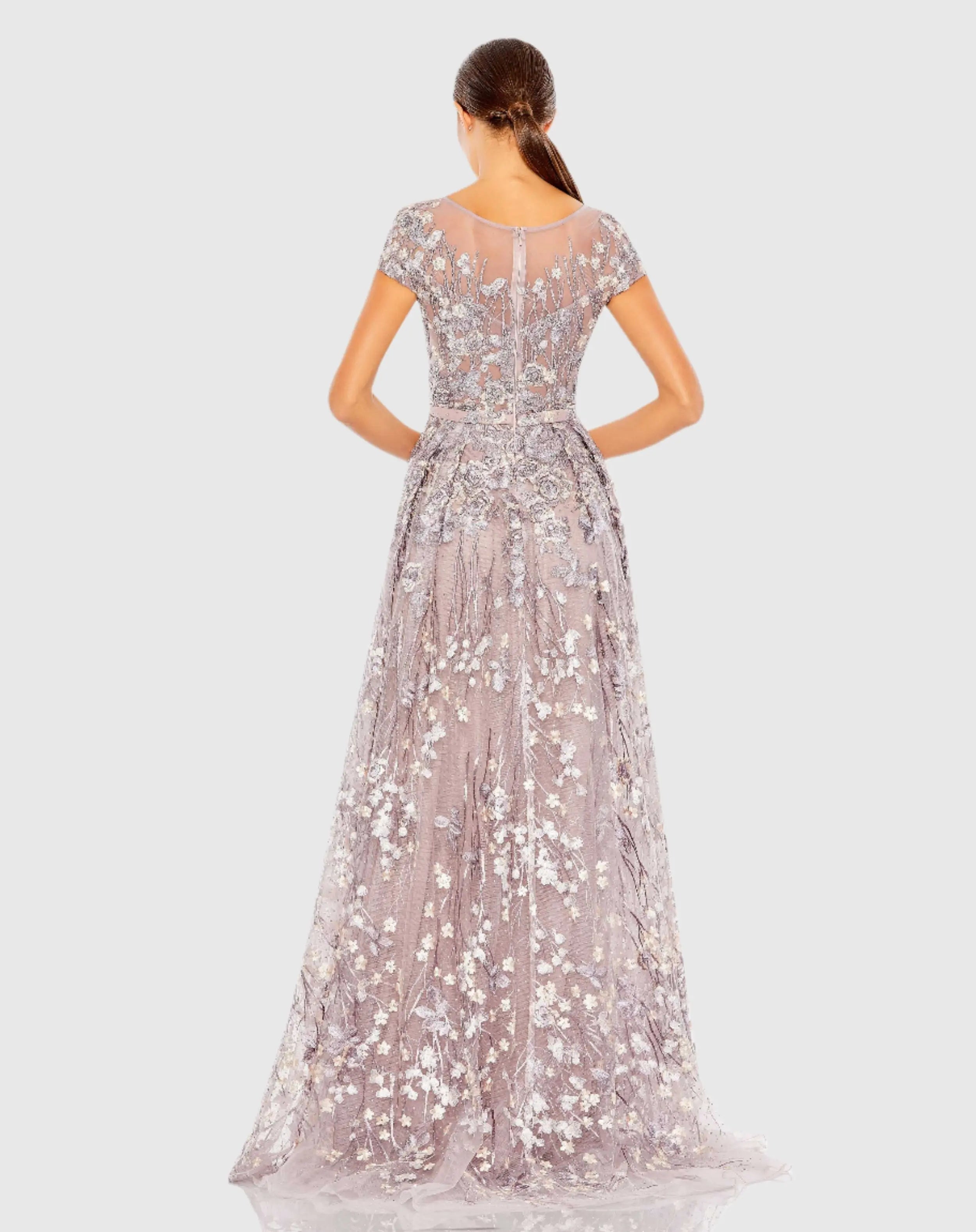 Light Purple Embellished Floral Cap Sleeve A Line Gown