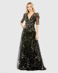 Black Embellished Gathered Puff Sleeve Faux Wrap Gown