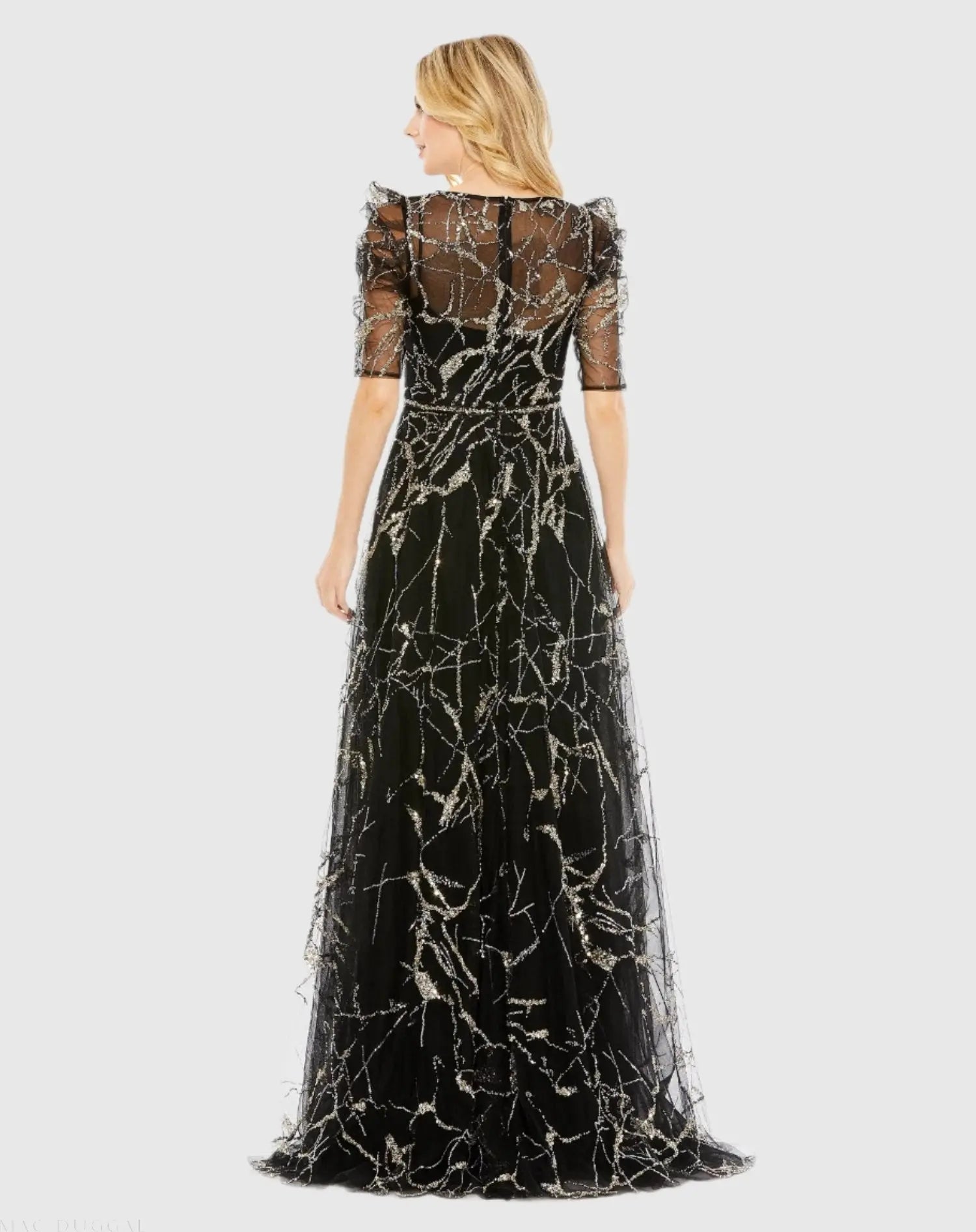 Black Embellished Gathered Puff Sleeve Faux Wrap Gown
