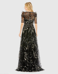 Black Embellished Gathered Puff Sleeve Faux Wrap Gown