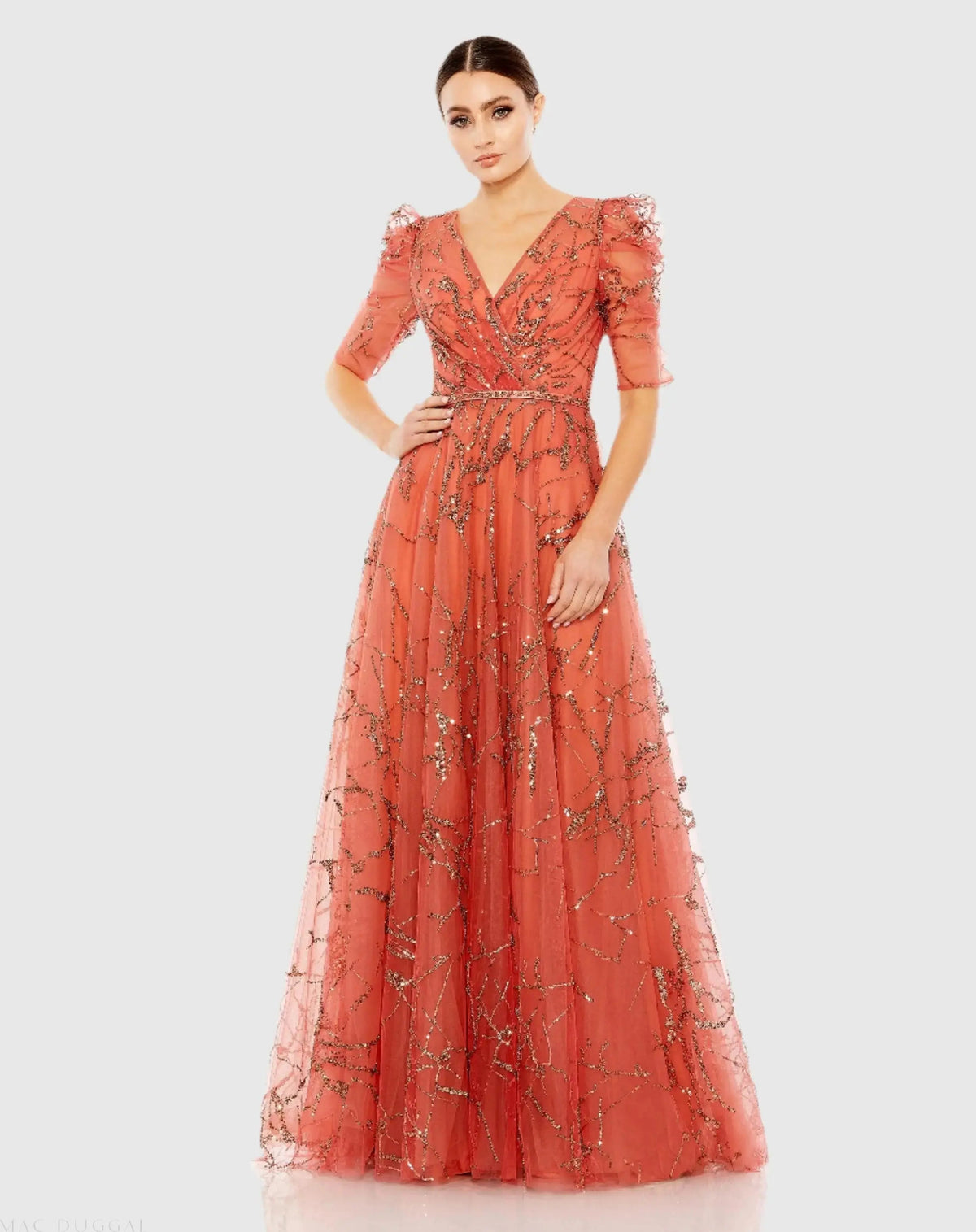 Orange Embellished Gathered Puff Sleeve Faux Wrap Gown