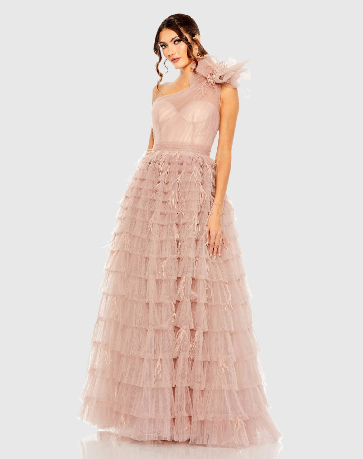 Pink One Shoulder Faux Bow Feather Tiered A Line Gown