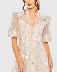 Pink Queen Anne Puff Sleeve A-Line Gown