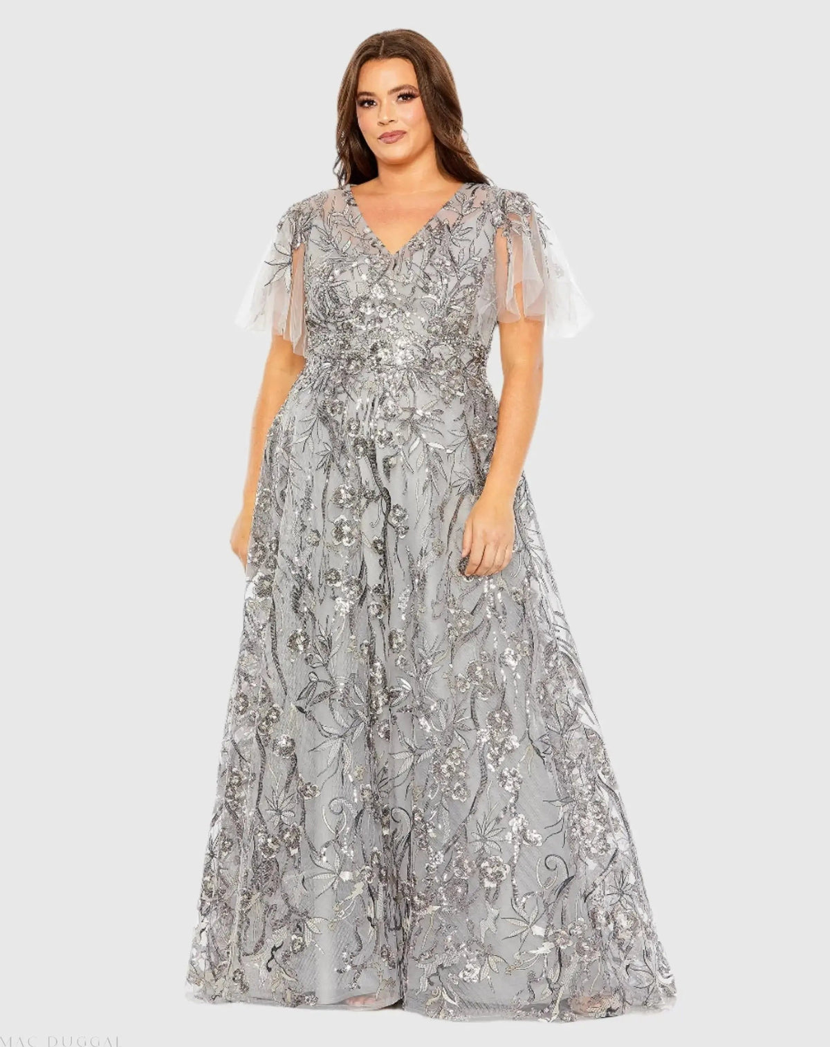 Silver High Neck Flutter Sleeve Embellished A-Line Gown (Plus)