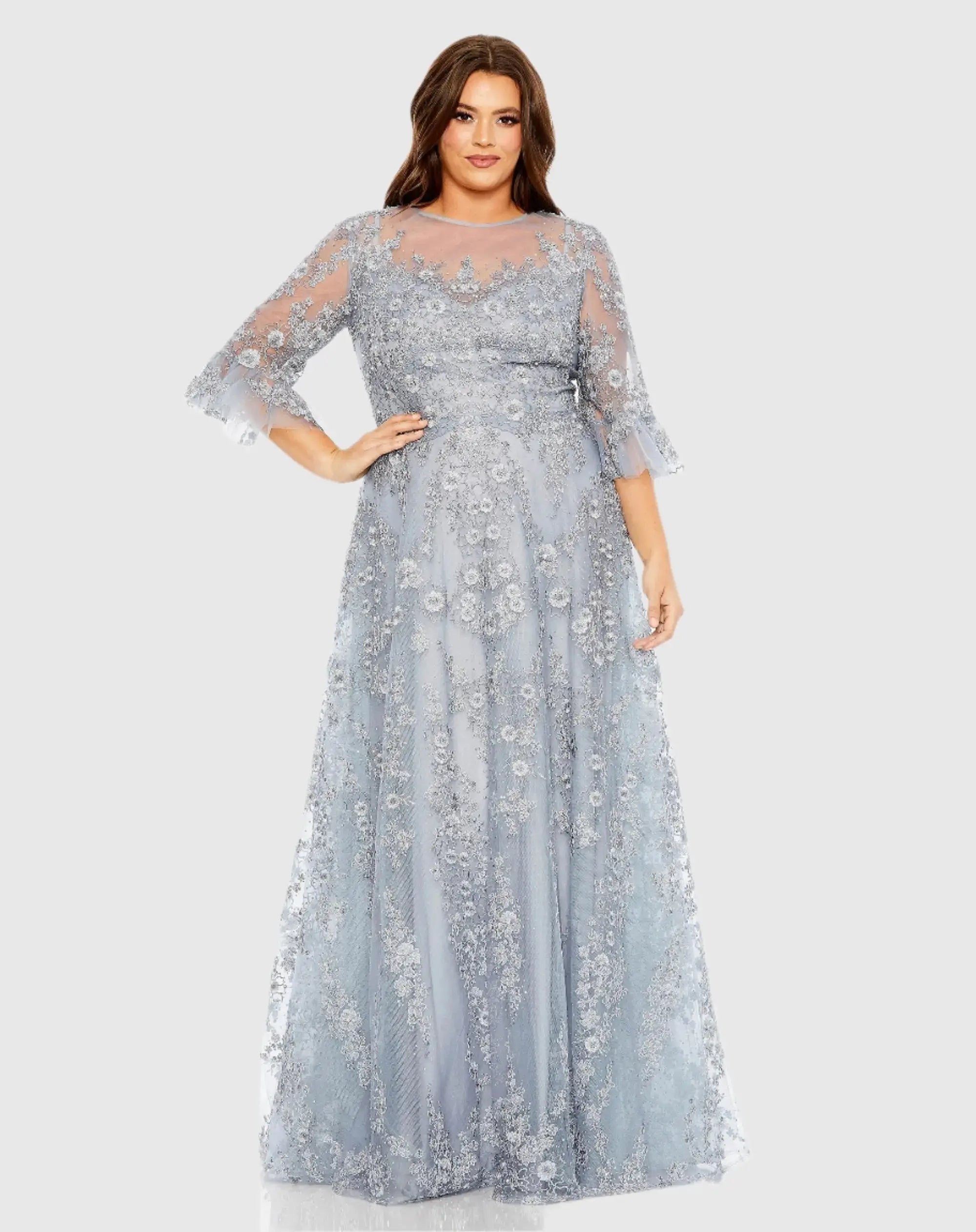 High Neck Flutter Sleeve Embroidered A Line Gown