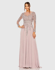 High Neck Mesh Long Sleeve Embellished A Line Gown
