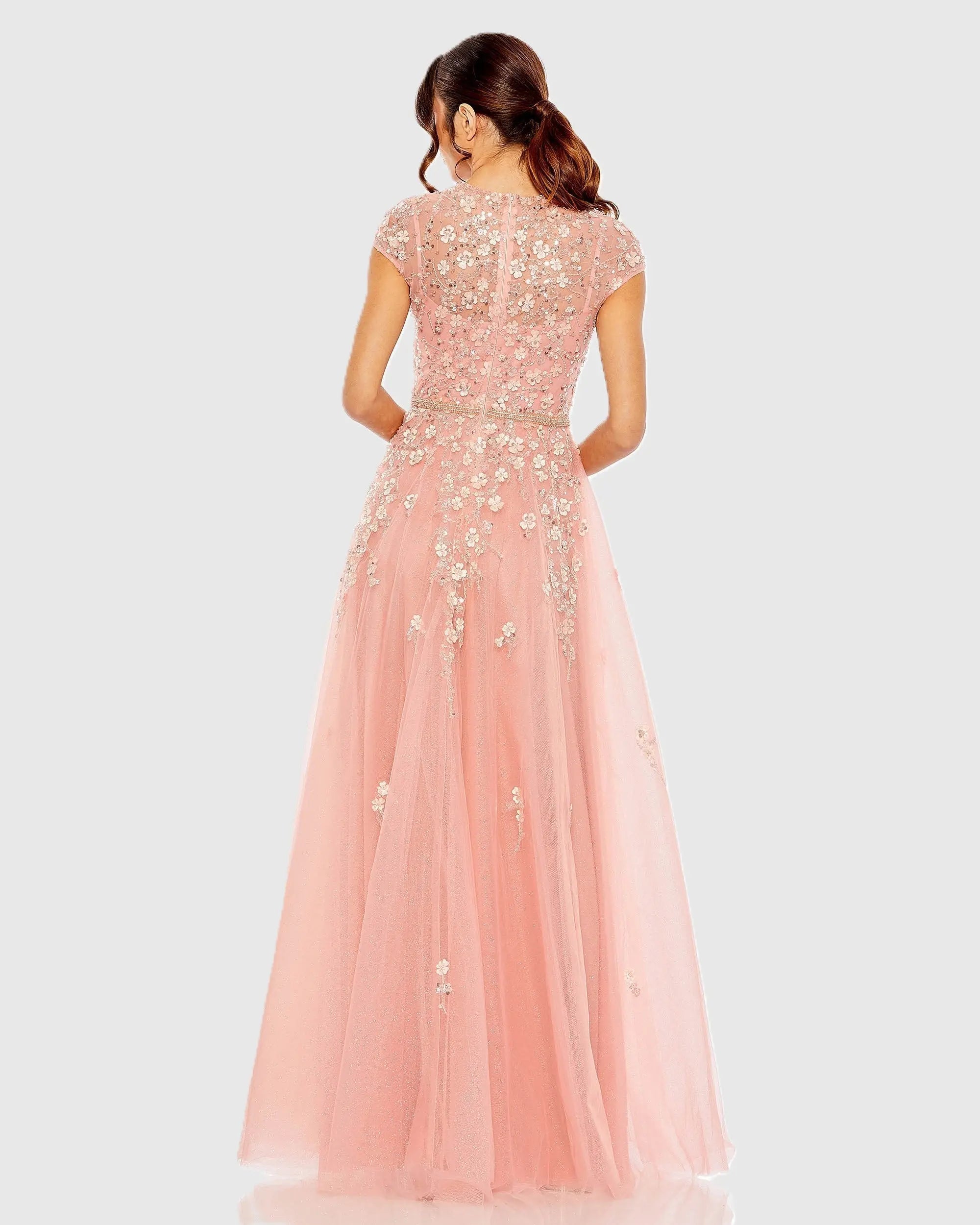 Pink High Neck Cap Sleeve Embellished A Line Gown