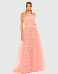 Strapless Ruffle Gown with Feathers